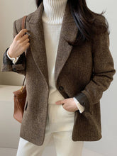 Aurohaya Women's Chevron Wool Blazer with Pockets Oversized Cuffs Chic Casual Office Coat